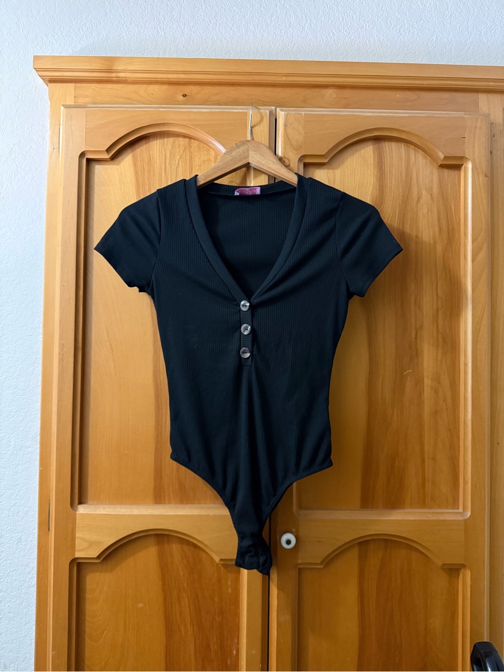 Pink Lily Black Ribbed Short-Sleeve V-Neck Bodysuit
